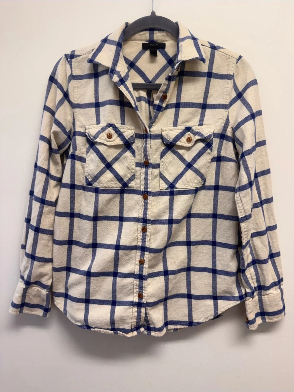 J. Crew 100% Cotton Cream & Blue Plaid Button-Down Shirt EUC Size 0
